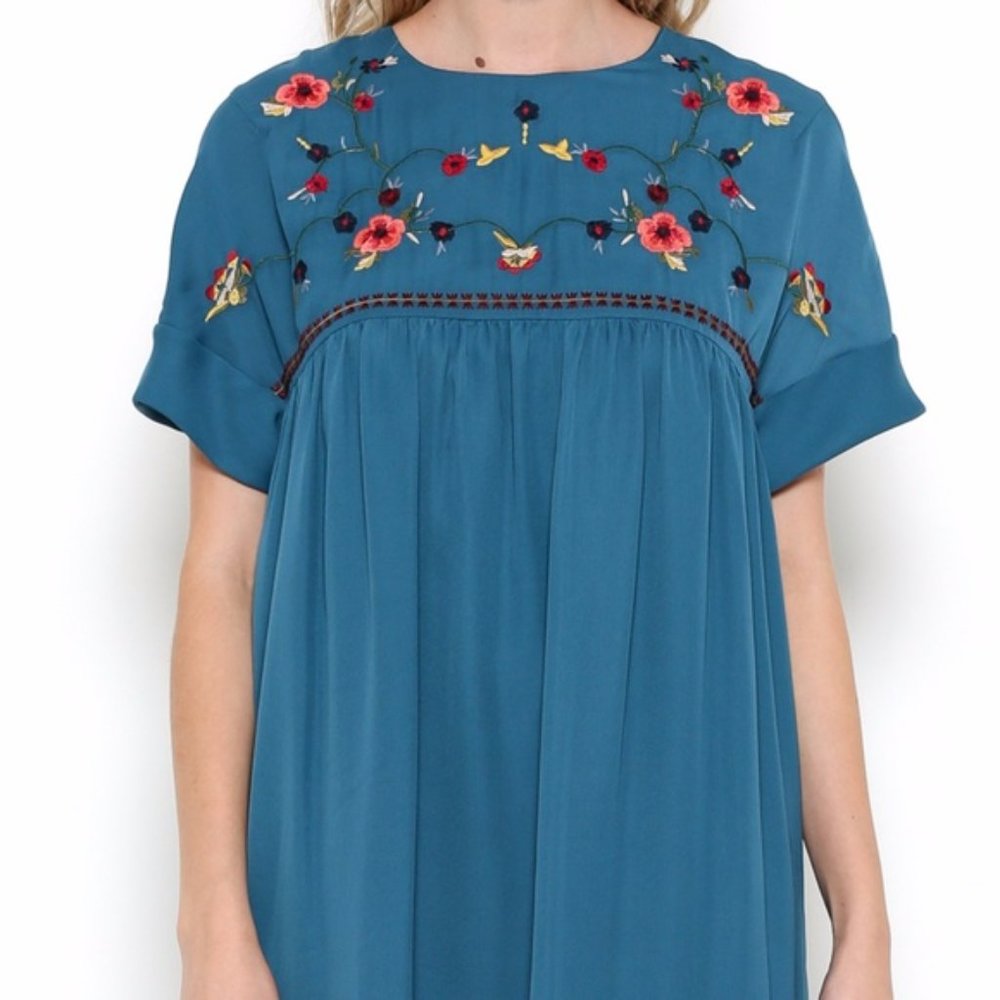 ESLEY Babydoll Dress Floral Embroidery Blue Black - Picture 8 of 9